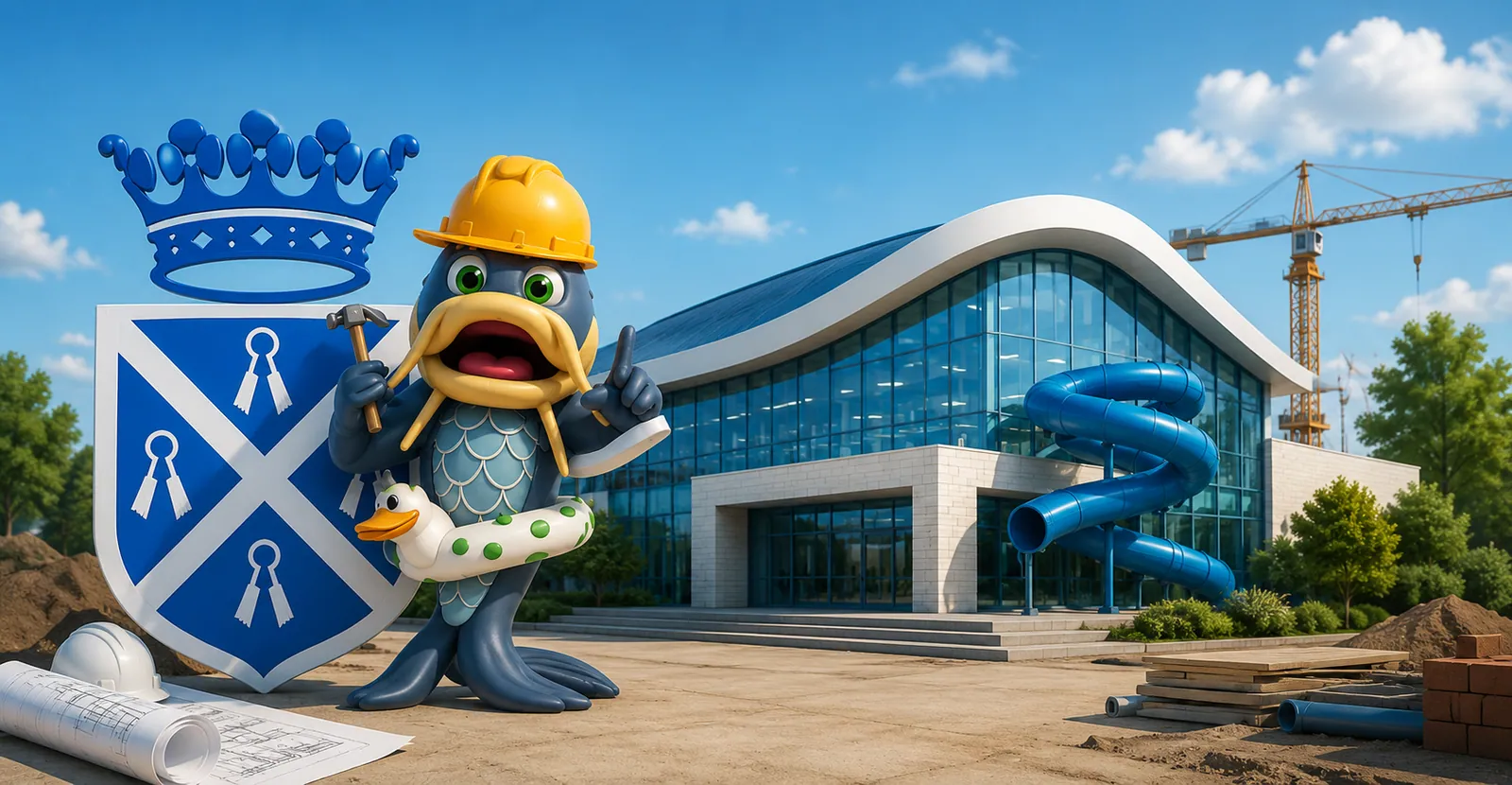 Illustratie van mascotte Vinnie als bouwvakker op een bouwplaats voor een verbeeld nieuw zwembad; dit is geen vastgesteld ontwerp