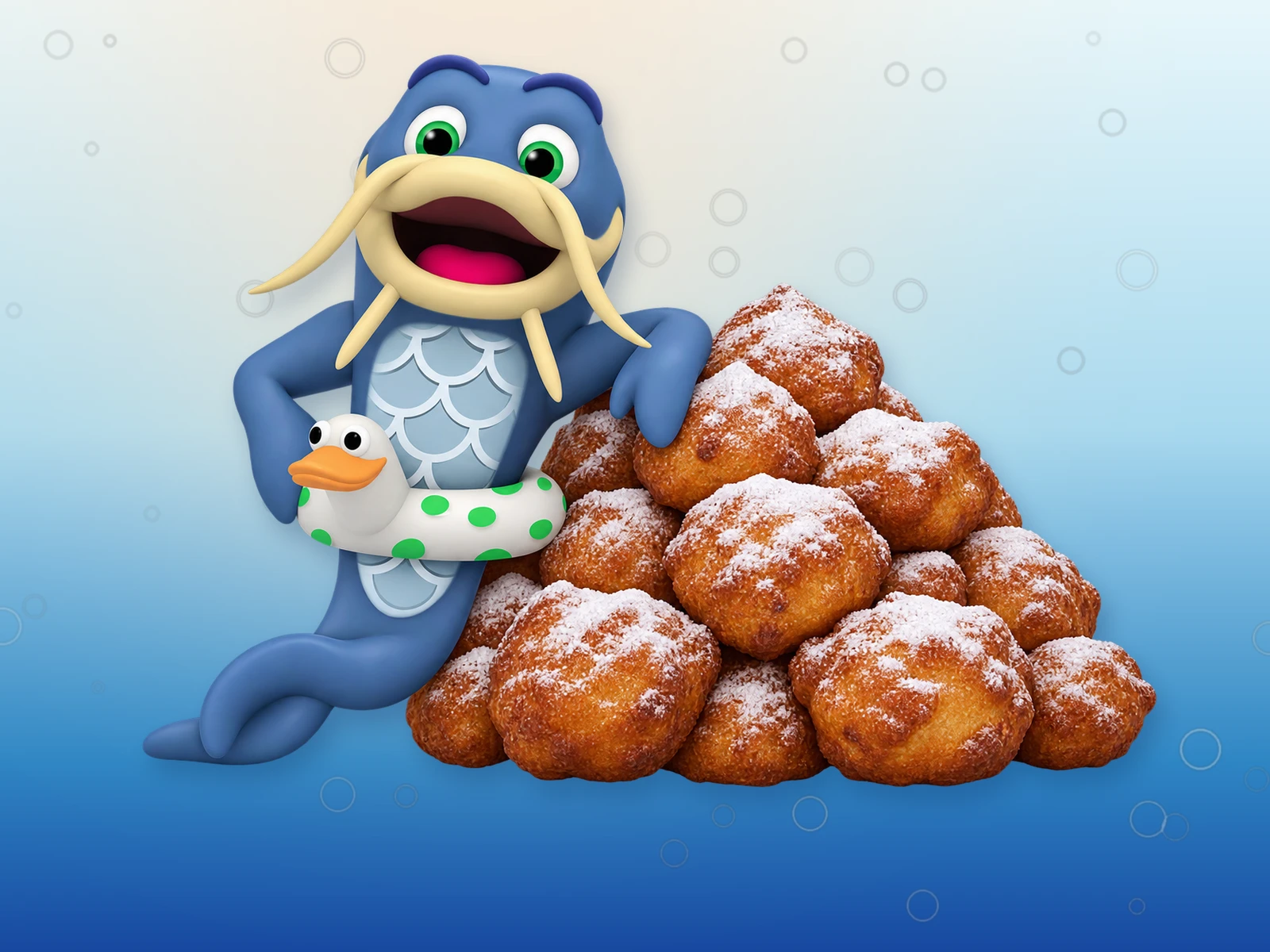 Vinnie, de mascotte van De Meerval, leunt tegen een grote berg oliebollen met poedersuiker