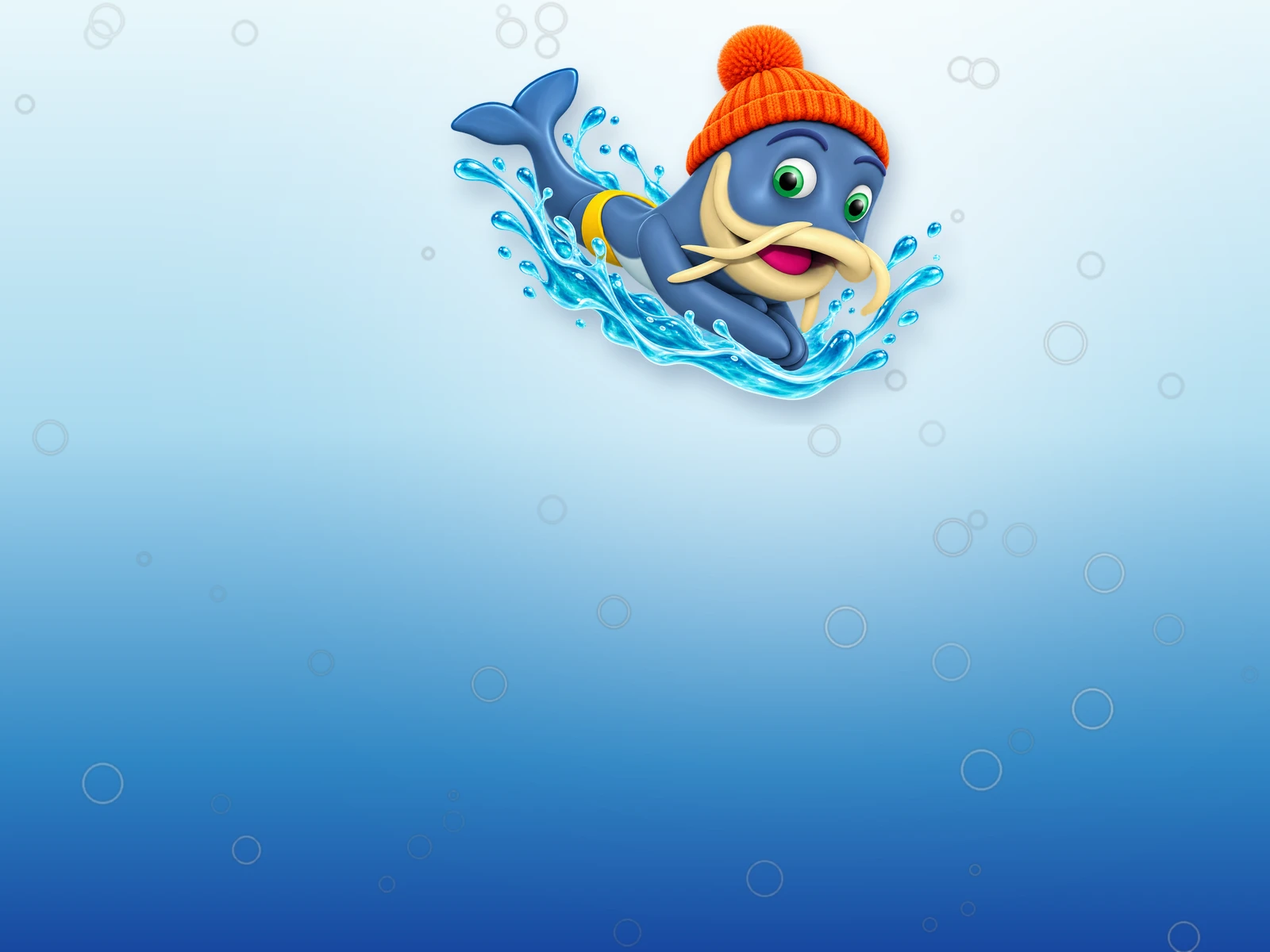 Vinnie, de mascotte van De Meerval, met een oranje wintermuts duikt met een plons het water in