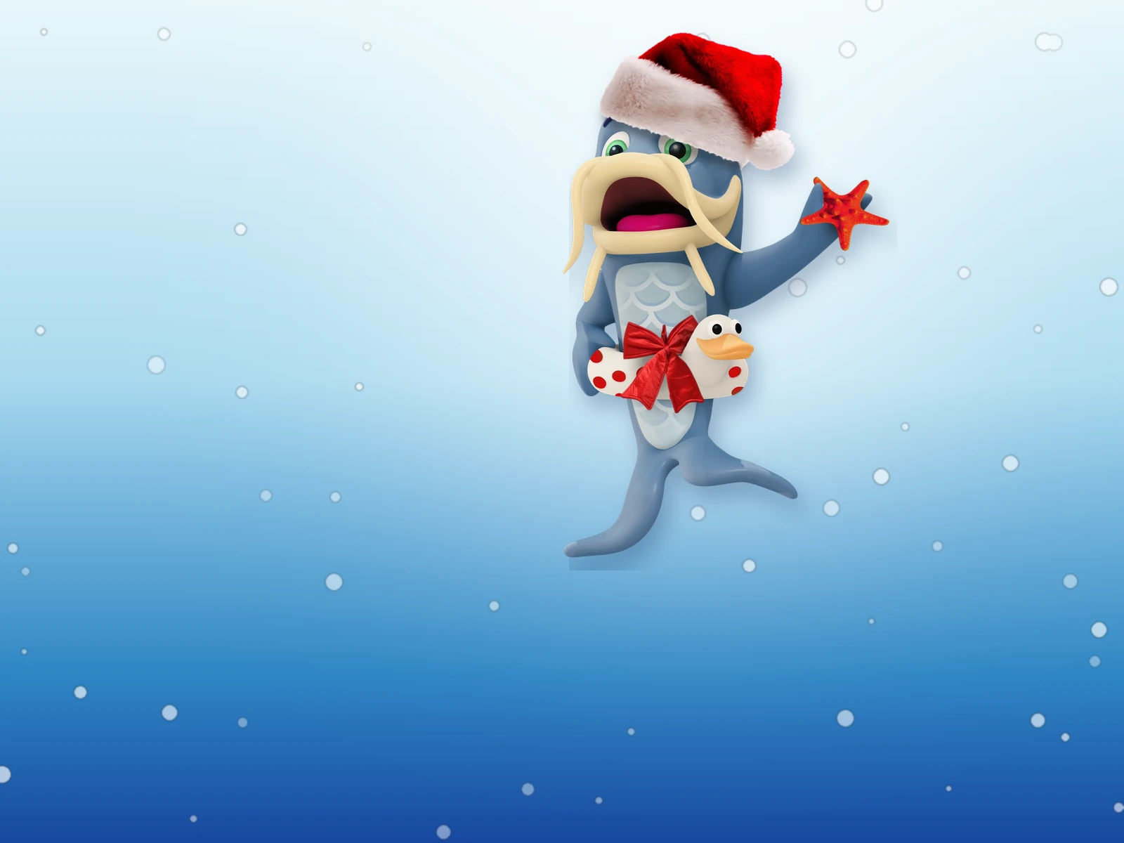 Vinnie, de mascotte van De Meerval, met kerstmuts, zwemband met strik en een zeester in zijn hand