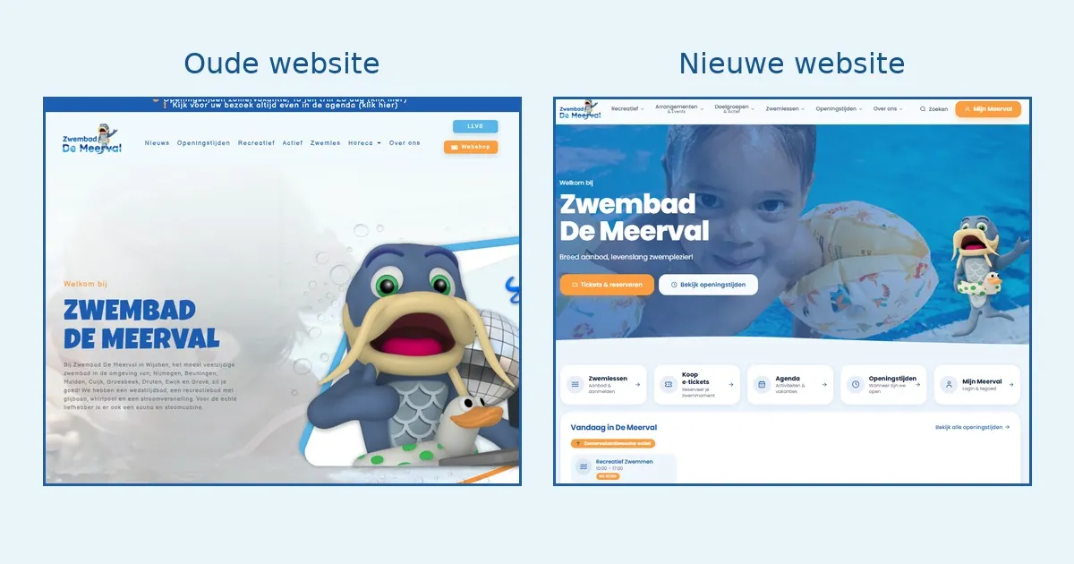 Links de oude website van Zwembad De Meerval, rechts de nieuwe website